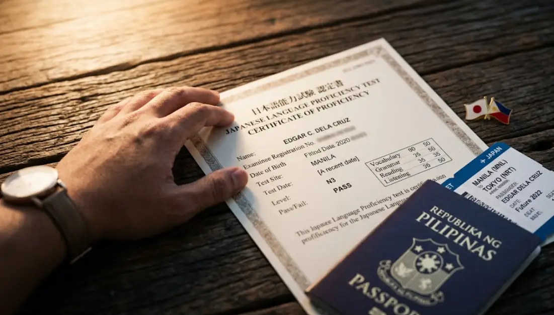 JLPT certificate and travel documents ready for Japan